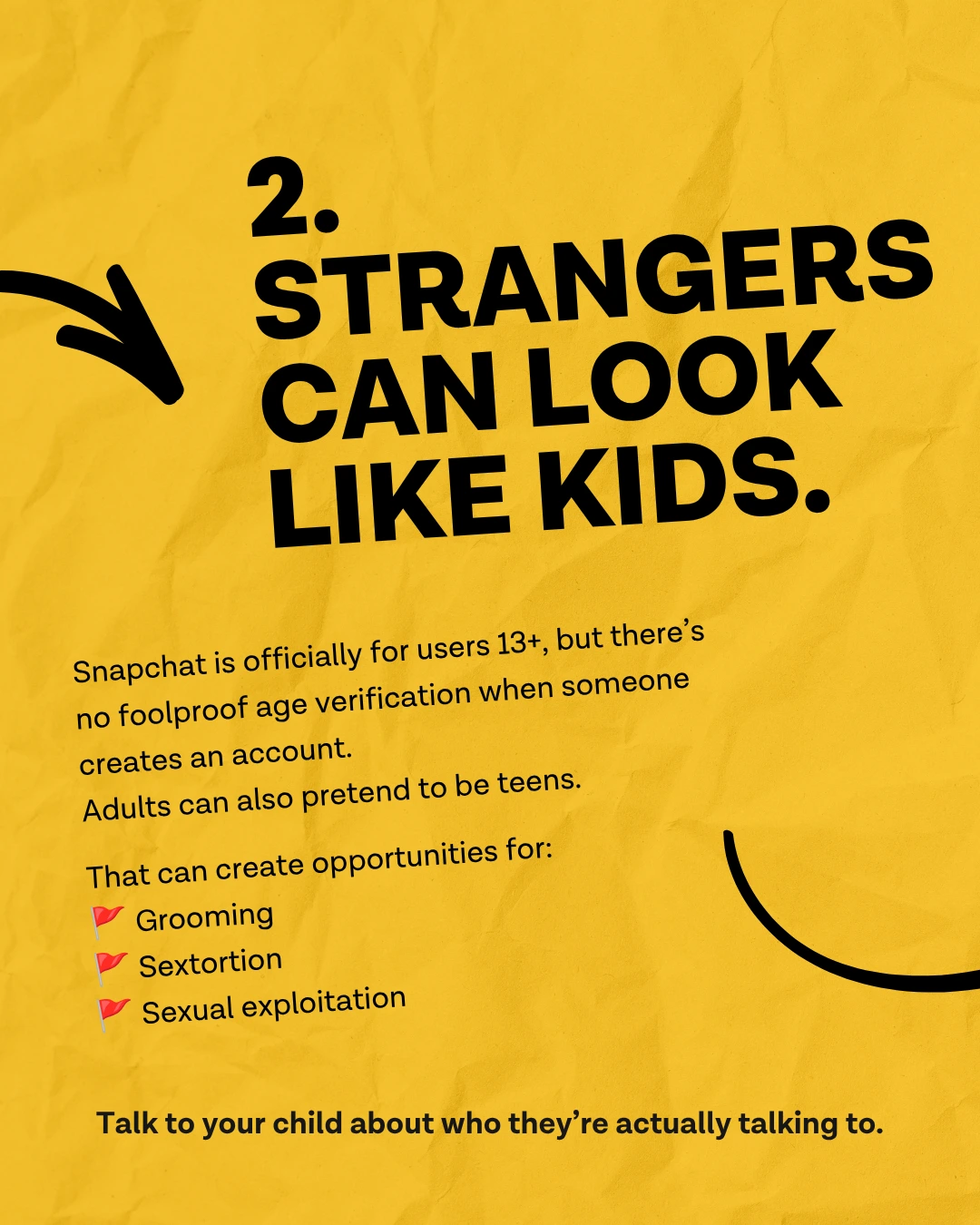 Yellow infographic slide: Strangers can look like kids. Snapchat is officially for users 13+, but there's no foolproof age verification when someone creates an account, and adults can also pretend to be teens. That can create opportunities for grooming, sextortion, and sexual exploitation. Talk to your child about who they're actually talking to - Ever Accountable Snapchat safety guide